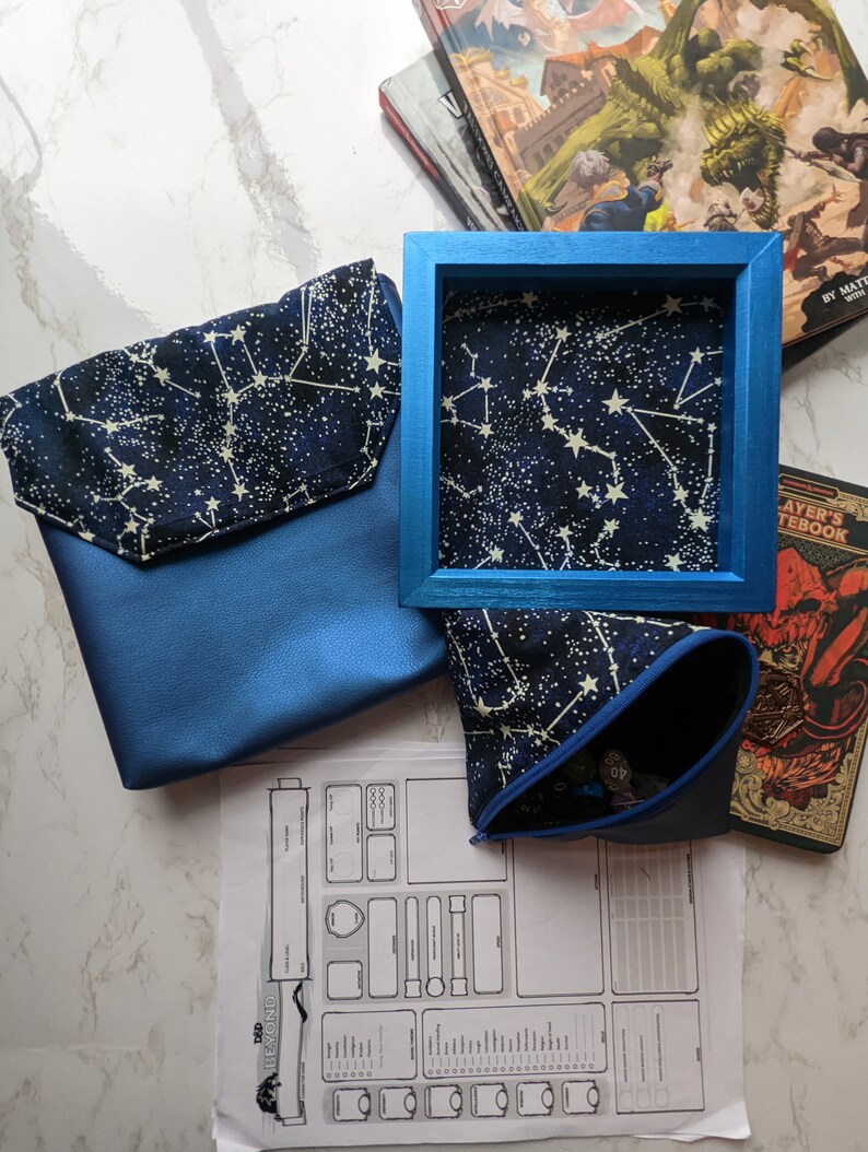 Glow in the Dark Constellations Bundle Dice Tray, Dungeons and Dragons, Pleather, Cork, Dice Bag, Roleplaying and Tabletop Games, Master image 3