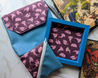 Cute Axolotls Bundle - Dice Tray, Dungeons and Dragons, Pleather, Cork, Dice Bag Bundle, Roleplaying and Tabletop Games, Dungeon Master