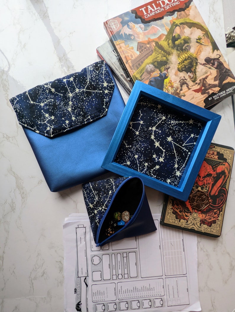 Glow in the Dark Constellations Bundle Dice Tray, Dungeons and Dragons, Pleather, Cork, Dice Bag, Roleplaying and Tabletop Games, Master image 1