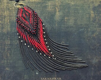 Sakariskar - Cairo Nights - handmade long fringe seed bead red feather earrings