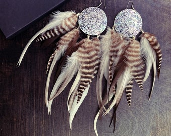 Sakariskar - Mother of Pearl feather earrings - (flowery + black & white grizzly feathers)