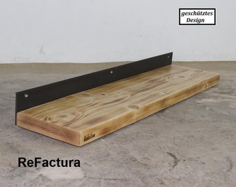 Large wall shelf made of flamed timber and steel