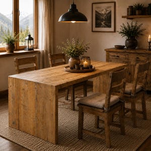 Könnte beinhalten: Ein rustikales Esszimmer-Set mit einem großen, rechteckigen Holztisch und passenden Stühlen. Der Tisch ist von Stühlen mit gepolsterten Sitzen umgeben. Der Raum ist mit Pflanzen, Kerzen und einem gerahmten Landschaftsbild dekoriert und schafft eine warme Atmosphäre.