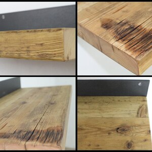 May include: Close-up of a rustic wooden shelf with a black metal bracket. The shelf has a natural wood finish with knots and grain patterns. The metal bracket is attached to the wall with screws.