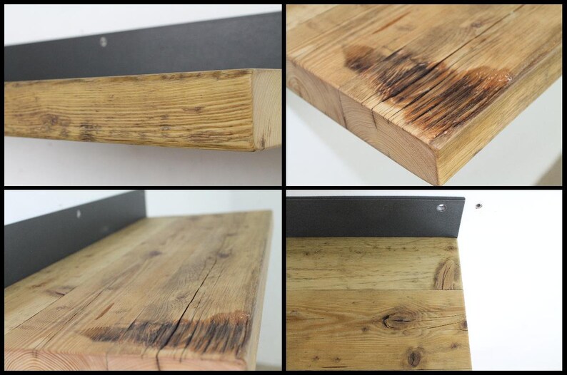 May include: Close-up of a rustic wooden shelf with a black metal bracket. The shelf has a natural wood finish with knots and grain patterns. The metal bracket is attached to the wall with screws.