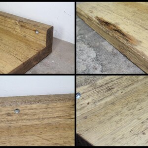 May include: A rustic wooden shelf with a natural finish. The shelf has a slight curve and is secured with screws. The wood has a knot and a natural grain pattern.