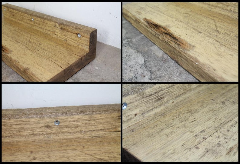 May include: A rustic wooden shelf with a natural finish. The shelf has a slight curve and is secured with screws. The wood has a knot and a natural grain pattern.
