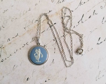 Vintage Wedgwood Floral Girl Cameo Pendant Blue Jasperware Fully Hallmarked Sterling Silver, Sterling Silver Chain Gift Boxed, Dancing Hours