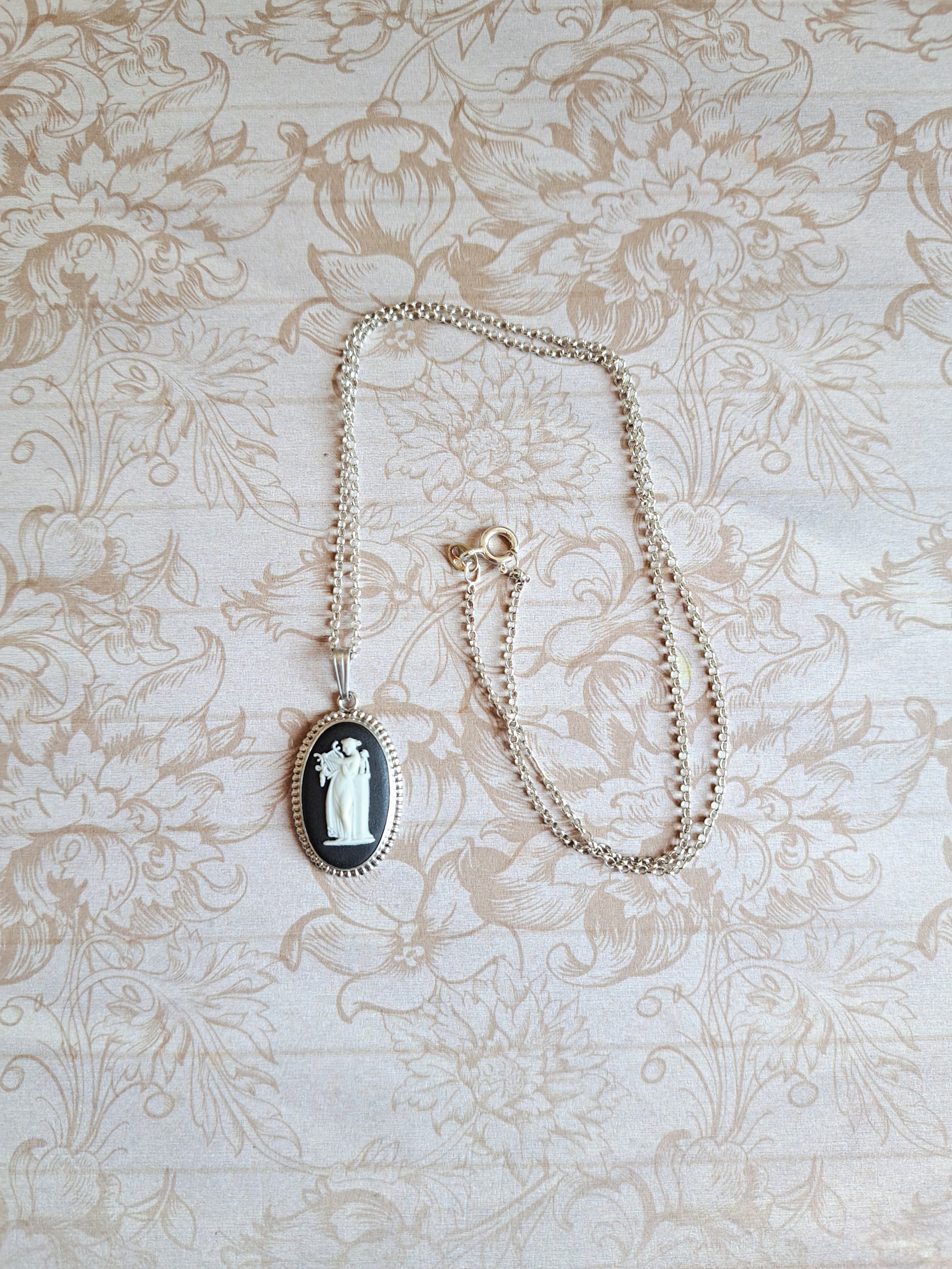 Vintage Wedgwood Black Cameo Jasperware Pendant, Sterling Silver