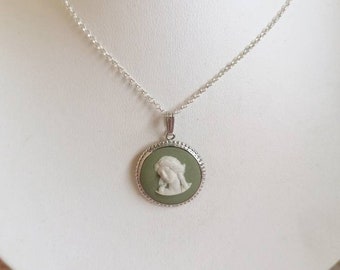 Wedgwood Sage Green Jasperware Cameo Pendant 1950s-1970s Muse Facing Left Sterling Sterling Silver New 925 Chain Gift Boxed Mother's Day