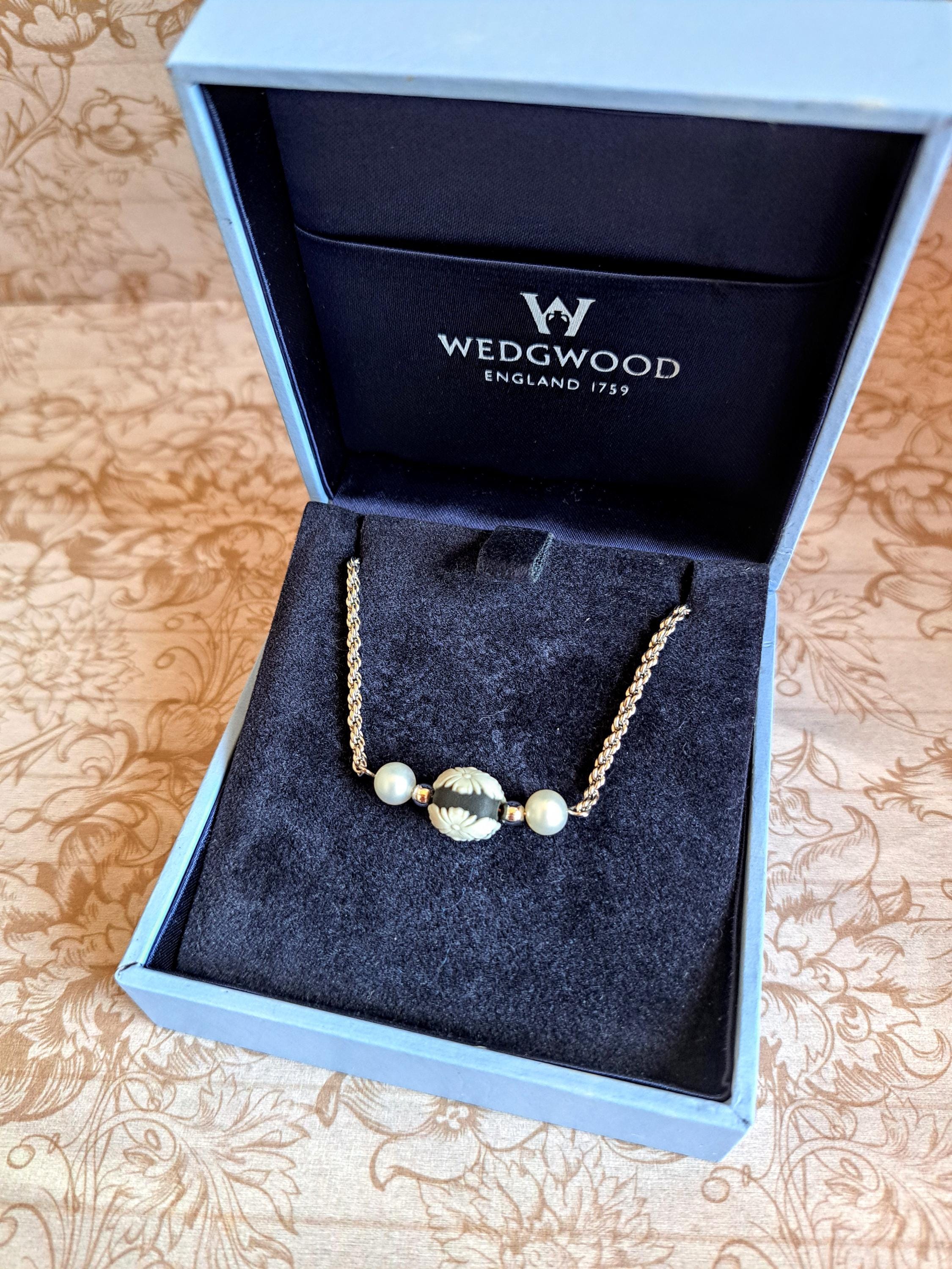 Wedgwood Finesse Collection Black Jasperware & Cultured Pearl Necklace With Botanic Motifs, Original White Gold Plated Chain, Optional Box