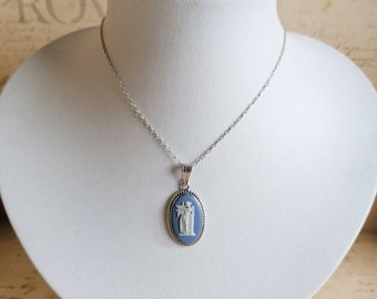Vintage Wedgwood Blue Cameo Jasperware Pendant, Sterling Silver HM 1961, Terpsichore Muse of Dance With Lyre, New Silver Chain, Gift Boxed