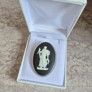 Vintage Wedgwood Black Jasperware Extra Large Goddess Flora Cameo Brooch Sterling Silver, Dancing Hours, Floral Girl Neoclassical XL 50s-60s