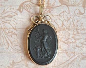 Vintage Mother Love Wedgwood Black Basalt Stoneware Cameo Pendant, 18 KGP Sterling Silver, Fully HM c1980s, Venus & Cupid, New GP 925 Chain