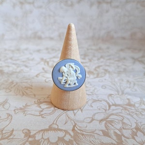 Wedgwood Light Blue Jasperware Large Cameo Signet Ring of Cupid Stringing His Bow Sterling Silver 925 Fully HM 1974/5, Sweetheart Love Gift