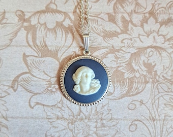 Vintage Wedgwood Portland Blue Rarer Colour Jasperware Cameo Pendant Classical Muse, HM Sterling Silver 1970s, New 925 Chain, Gift Boxed