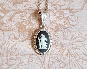 Vintage Wedgwood Diana The Hunter Small Black Jasperware Sterling Silver Cameo Pendant, Artemis With Stag, 1960s/70s Gift Boxed Silver Chain