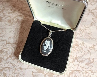 Floral Girl Cameo Pendant Wedgwood Black Jasperware  Sterling Silver 1968 Optional Vintage Sterling Silver Chain & Gift Box