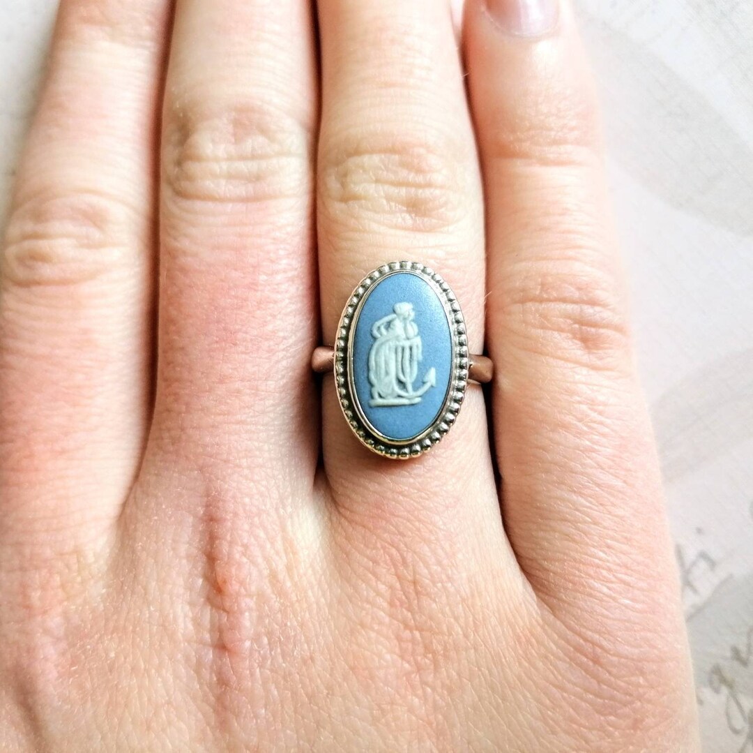 Wedgwood Ring Light Blue Jasperware Cameo, Hope and Anchor