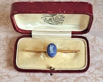 Antike Wedgwood Edwardian 9 Karat Gold Bar Brosche Kobalt Blau Jaspis Kleine Oval Cameo Klassische Griechische Mythologie Antike Geschenkbox