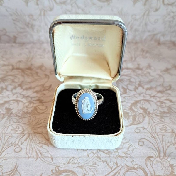 Wedgwood Ring Light Blue Jasperware Cameo, Hope and Anchor Sterling Silver Classical Nautical Talisman, c1970s/60s Vintage, Box Optional