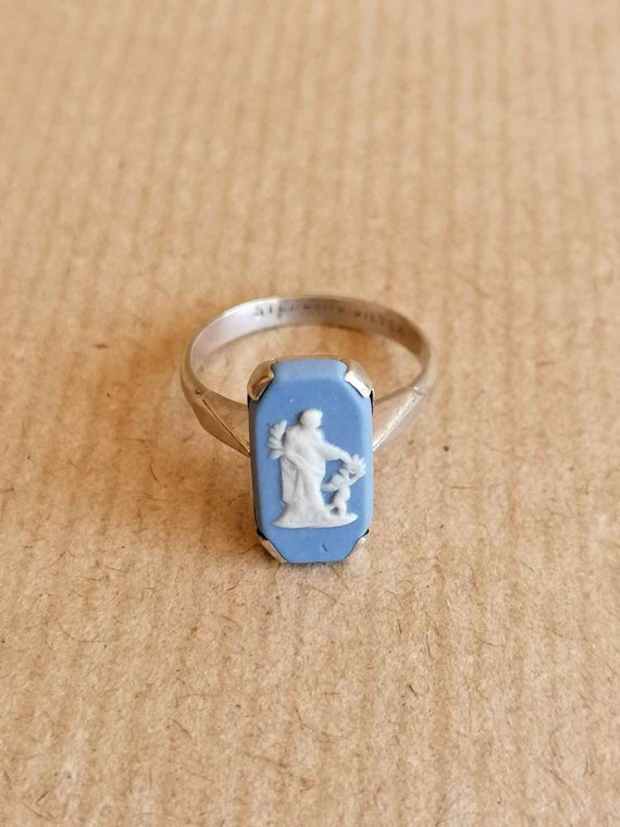 Mismarked Wedgwood Cameo Ring Sterling Silver Blue Jasperware Baguette Venus Cupid C1970s Size UK M US 6.5 Classical Option Vintage Box Etsy
