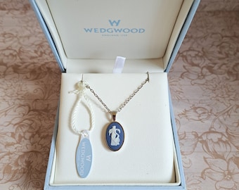 Small Wedgwood Saxon Blue Jasperware Cameo Pendant Fully Palladium Plated Dancing Hours Floral Girl With Tags Like New Modern, Optional Box
