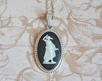 Vintage Wedgwood Black Jasperware Oval Cameo Pendant Sterling Silver, Hygieia Greek Goddess of Health New Silver Chain Gift Boxed, 1960s-70s