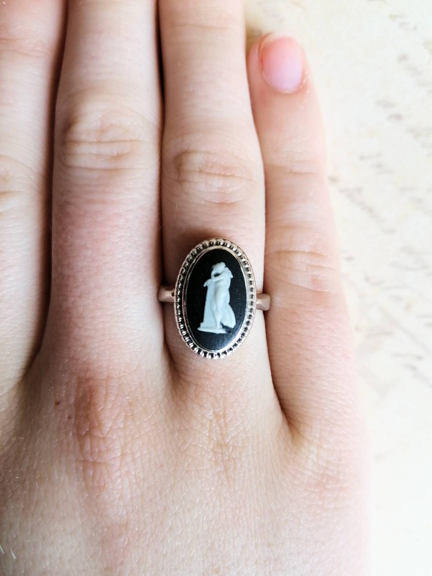 Vintage Wedgwood Ring Black Jasperware Oval Cameo, Sterling Silver