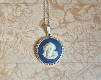 Vintage Wedgwood Royal Blue Jasperware Cameo Pendant Classical Greek Muse, HM 1970s-80s Sterling Silver, Silver Chain, Gift Box Rarer Colour