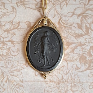 Wedgwood Spring, Black Basalt Stoneware Cameo Extra Large Pendant, 18KGP Sterling Silver Fully HM 1970s-80s, New GP 925 Chain, Nouveau Style
