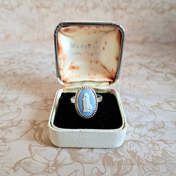 Vintage Wedgwood Ring Blue Jasperware Oval Cameo, Hallmarked Sterling Silver Andromache, Fall of Troy, Greek Mythology c1970s Optional Box