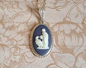 Vintage Wedgwood Portland Blue Jasperware Cameo Pendant, Hebe & The Eagle Greek Myth, HM 1970s Sterling Silver, New Silver Chain, Gift Boxed