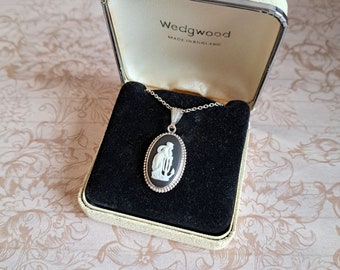 Wedgwood Black Jasperware Hope & Anchor c1970s Oval Cameo Classical Pendant Sterling Silver, New Silver Chain Nautical Talisman, Box Option