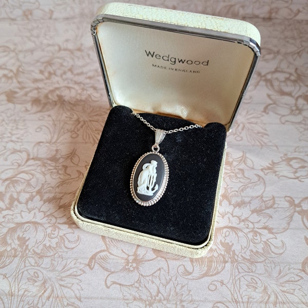 Wedgwood Black Jasperware Hope & Anchor c1970s Oval Cameo Classical Pendant Sterling Silver, New Silver Chain Nautical Talisman, Box Option