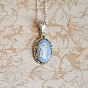 Vintage Small Wedgwood Blue Cameo Jasperware Dainty Pendant, Sterling Silver 1960s-70s, Terpsichore Muse of Dance With Lyre,  Gift Boxed