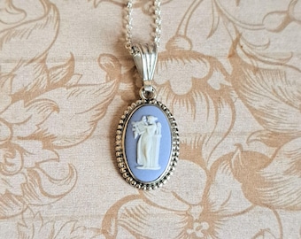Vintage Small Wedgwood Blue Cameo Jasperware Dainty Pendant, Sterling Silver 1960s-70s, Terpsichore Muse of Dance With Lyre,  Gift Boxed