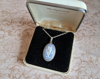 Floral Girl Cameo Pendant Wedgwood Blue Jasperware, Fully HM Sterling Silver 1970s, New Silver Chain, Dancing Hours, Vintage Box Option