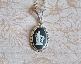 Vintage Wedgwood Small Cameo Pendant Black Jasperware Dainty, Classical Venus & Cupid, Sterling Silver Mount, New Silver Chain, Gift Box