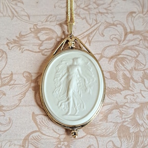 Wedgwood Spring, White Parian Stoneware Cameo Extra Large Pendant, 18KGP Sterling Silver Fully HM 1970s-80s, New GP 925 Chain, Nouveau Style