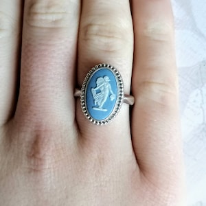 Vintage Wedgwood Floral Girl Ring Light Blue Jasperware Cameo Sterling Silver c1960s/70s Dancing Hours, Gift Boxed, Neoclassical Bridgerton