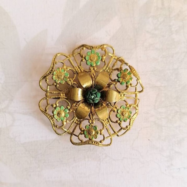 Bohemian Czech Brooch, Old Vintage Pressed Filigree, Hand Enamelled Flowers, Central Early Plastic Flower Gablonz Region Bijouterie c1930s