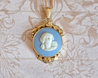 Vintage Wedgwood Blue Jasperware Cameo Pendant Classical Muse, 1748 Georgian Design, Corinthian, Gold Plated New GF Chain, 1980s, Gift Boxed