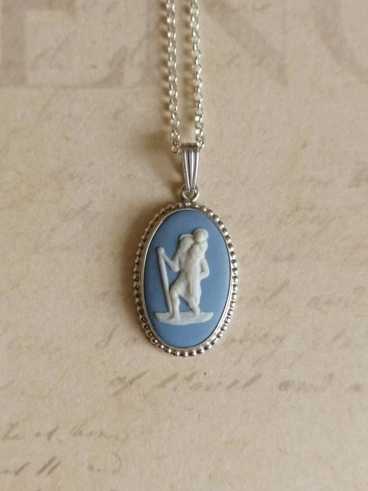 Vintage Wedgwood St. Christopher Blue Jasperware Cameo Pendant,…