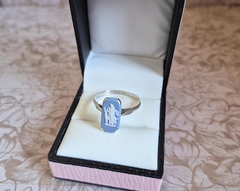 May include: A silver ring featuring a rectangular light blue cameo with a white relief of a figure standing next to an animal. The ring is displayed inside a small, open, black and pink jewellery box with a white interior lining.