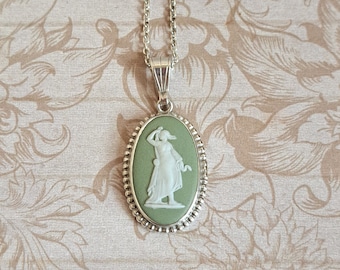 Vintage Wedgwood Sage Green Jasperware Oval Cameo Pendant 1960s Sterling Silver Hygieia Greek Goddess of Health, New Silver Chain Gift Boxed