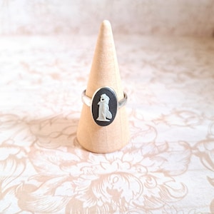 bague camée ovale simple vintage en jaspe de Wedgwood noir, argent sterling 925 dans les années 70, andromaque de la mythologie grecque, Homère, dans une boîte cadeau