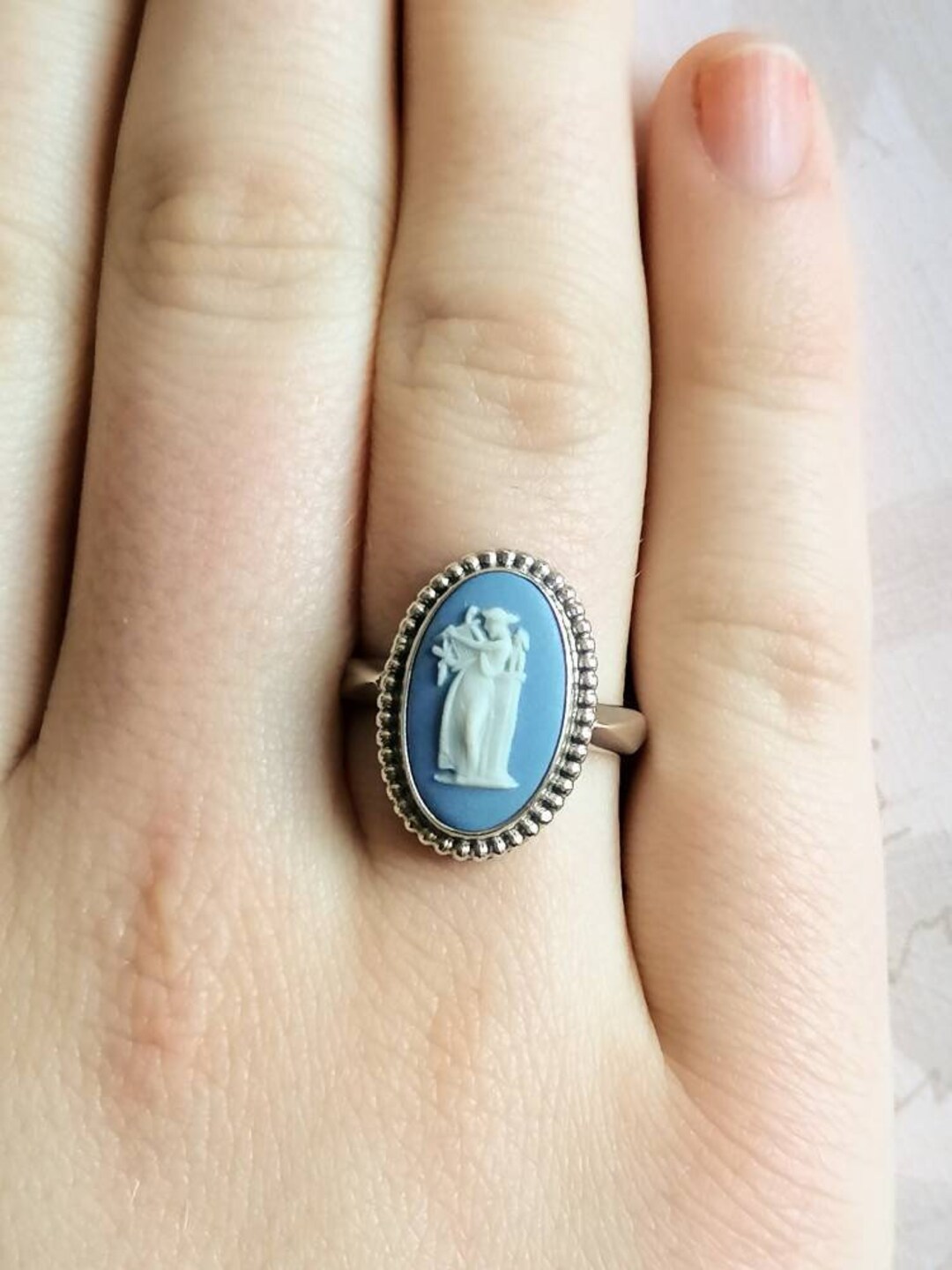 Vintage Wedgwood Cameo Ring Light Blue Jasperware Sterling