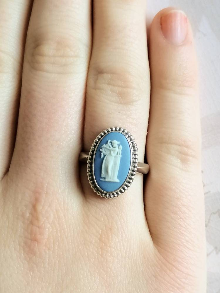 Vintage Wedgwood Cameo Ring Light Blue Jasperware Sterling