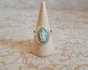 Vintage Wedgwood Diana The Hunter Ring Sage Green Jasperware Cameo Sterling Silver Artemis With Stag Goddess Greek Myth Gift Boxed